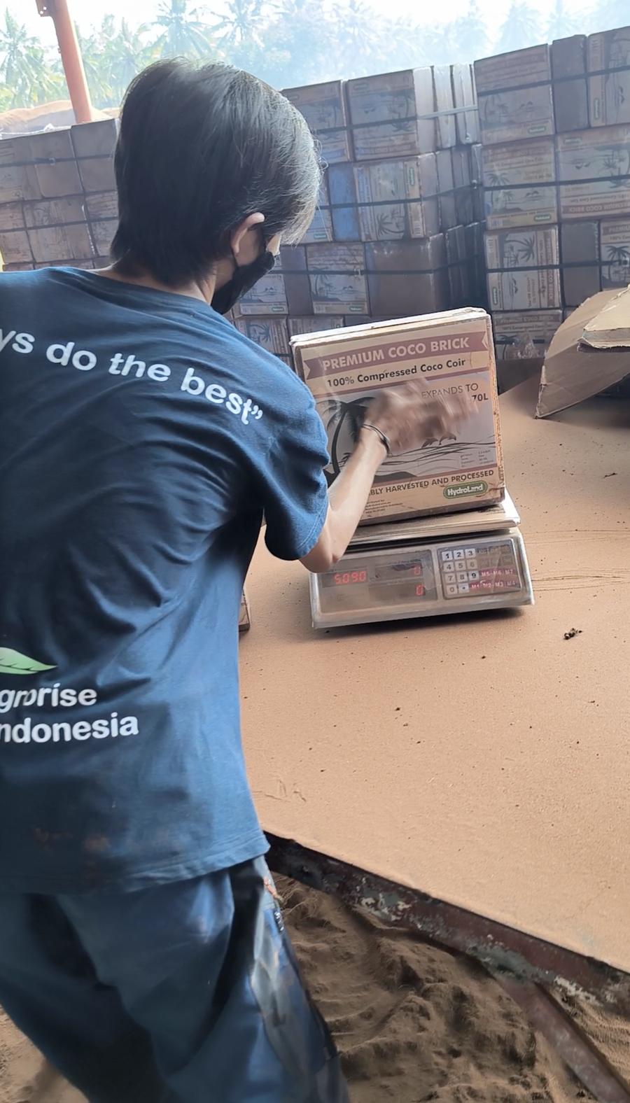 A cocopeat block on a weighing scale during quality control