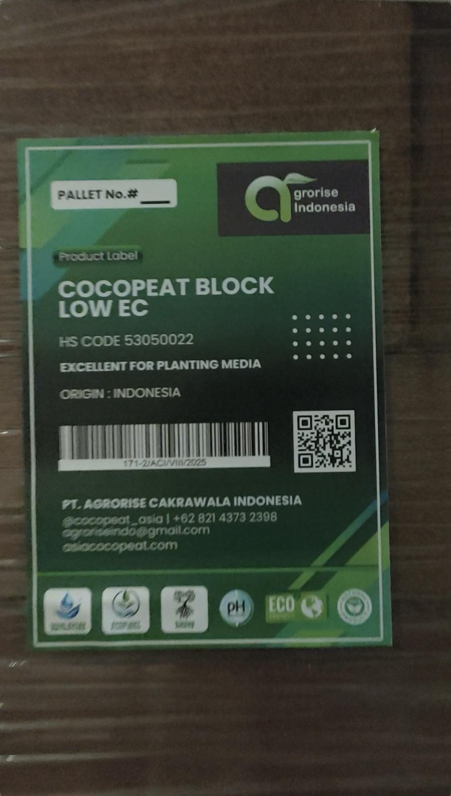 Agrorise Indonesia Low EC cocopeat block pallet label with batch barcode